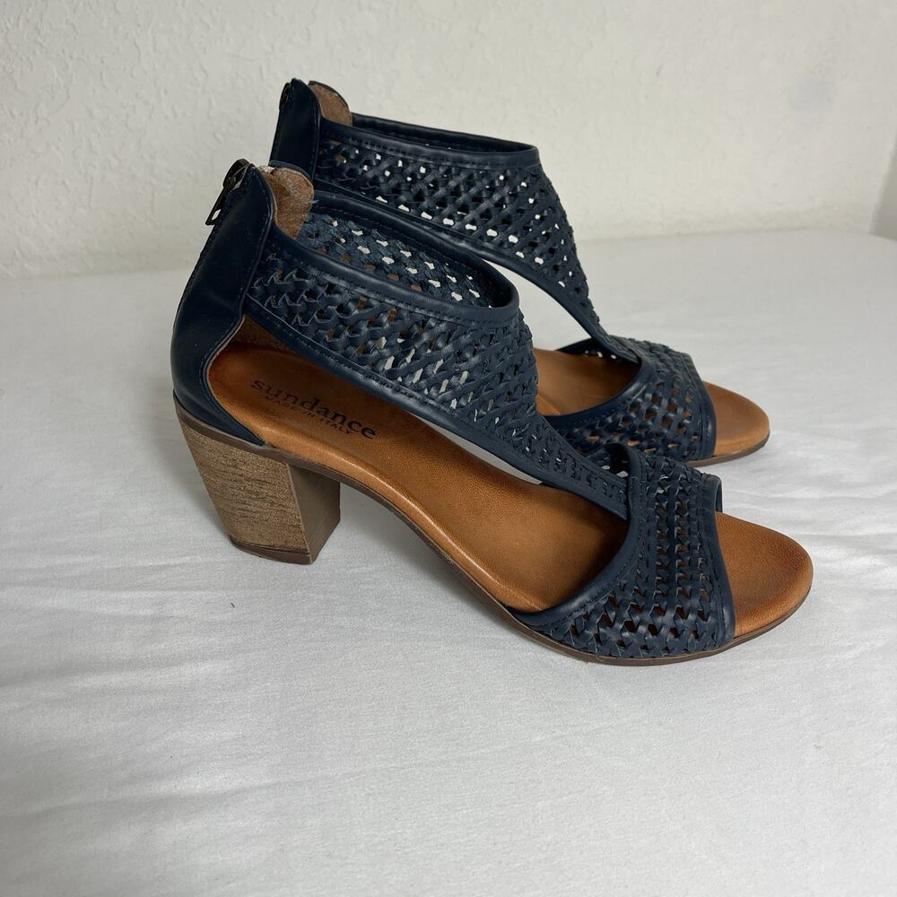 Sundance Demeter Hillside woven leather heeled sandals blue size 40 made Italy